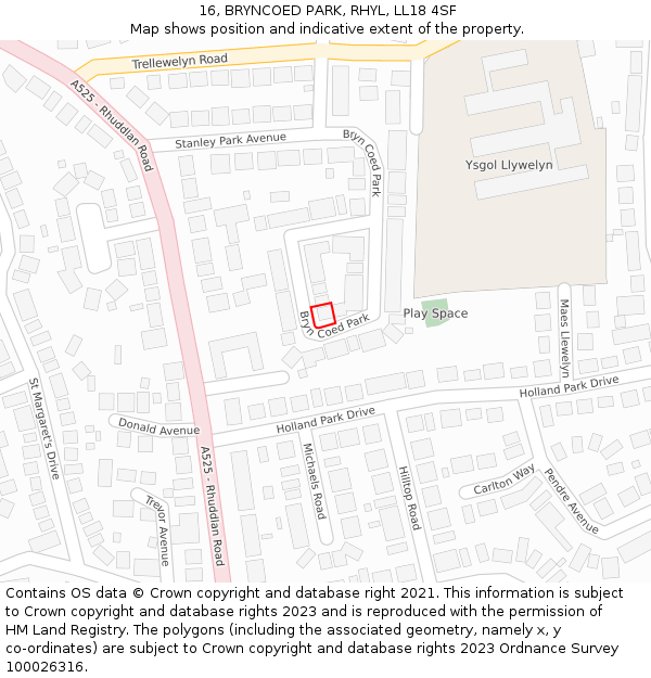 16, BRYNCOED PARK, RHYL, LL18 4SF: Location map and indicative extent of plot