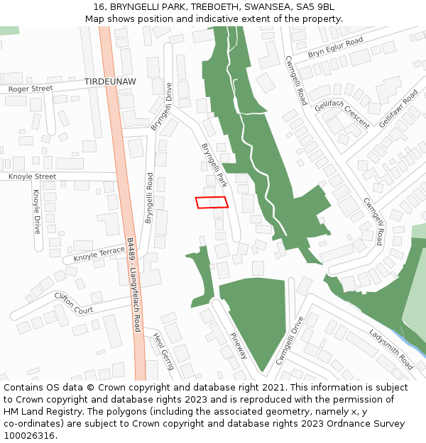 16, BRYNGELLI PARK, TREBOETH, SWANSEA, SA5 9BL: Location map and indicative extent of plot