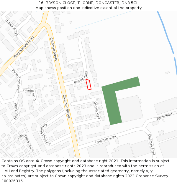 16, BRYSON CLOSE, THORNE, DONCASTER, DN8 5GH: Location map and indicative extent of plot