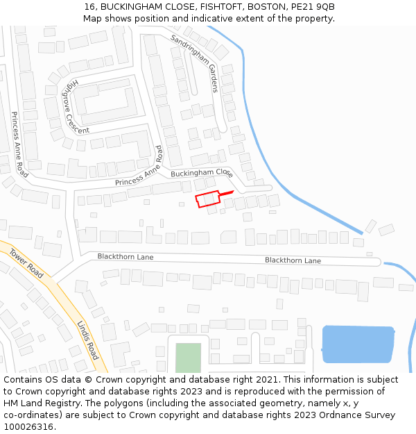 16, BUCKINGHAM CLOSE, FISHTOFT, BOSTON, PE21 9QB: Location map and indicative extent of plot