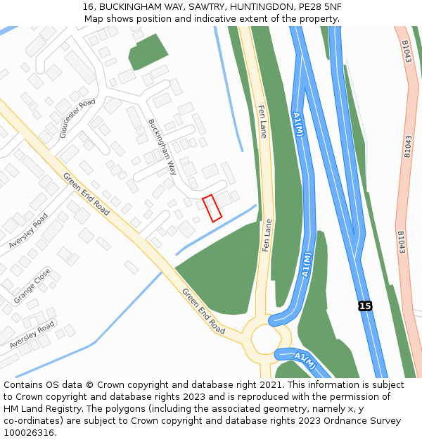 16, BUCKINGHAM WAY, SAWTRY, HUNTINGDON, PE28 5NF: Location map and indicative extent of plot