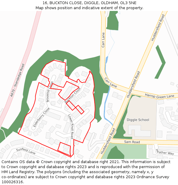 16, BUCKTON CLOSE, DIGGLE, OLDHAM, OL3 5NE: Location map and indicative extent of plot