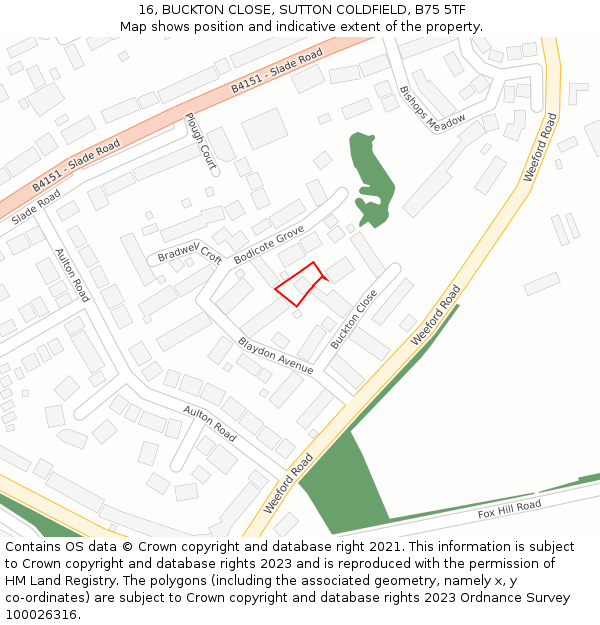16, BUCKTON CLOSE, SUTTON COLDFIELD, B75 5TF: Location map and indicative extent of plot