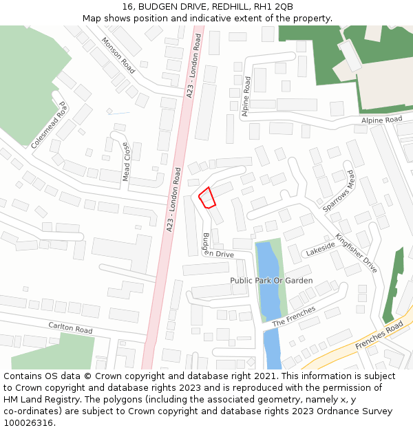 16, BUDGEN DRIVE, REDHILL, RH1 2QB: Location map and indicative extent of plot