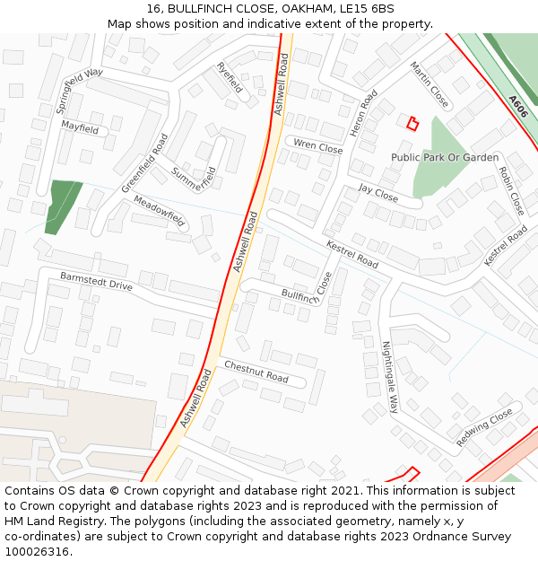 16, BULLFINCH CLOSE, OAKHAM, LE15 6BS: Location map and indicative extent of plot