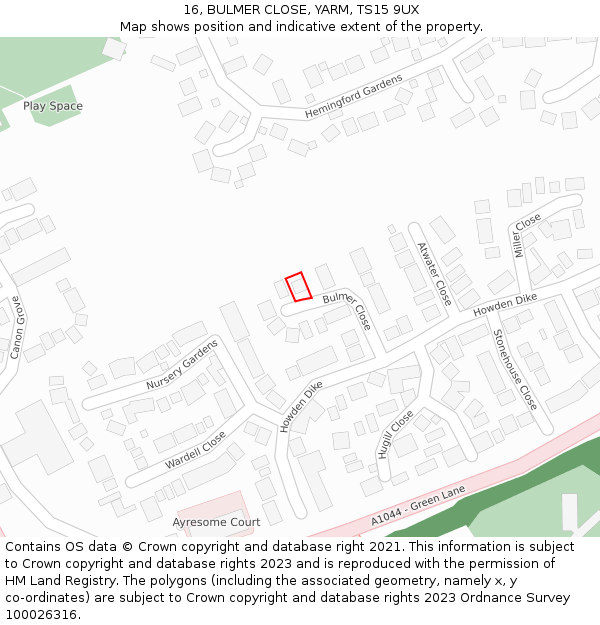 16, BULMER CLOSE, YARM, TS15 9UX: Location map and indicative extent of plot