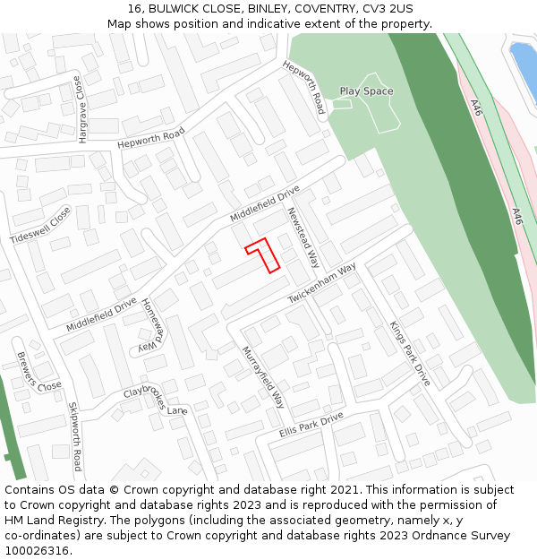 16, BULWICK CLOSE, BINLEY, COVENTRY, CV3 2US: Location map and indicative extent of plot