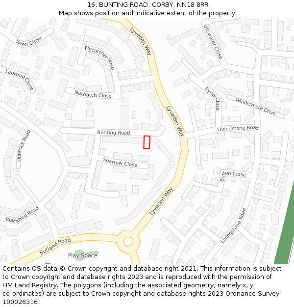 16, BUNTING ROAD, CORBY, NN18 8RR: Location map and indicative extent of plot