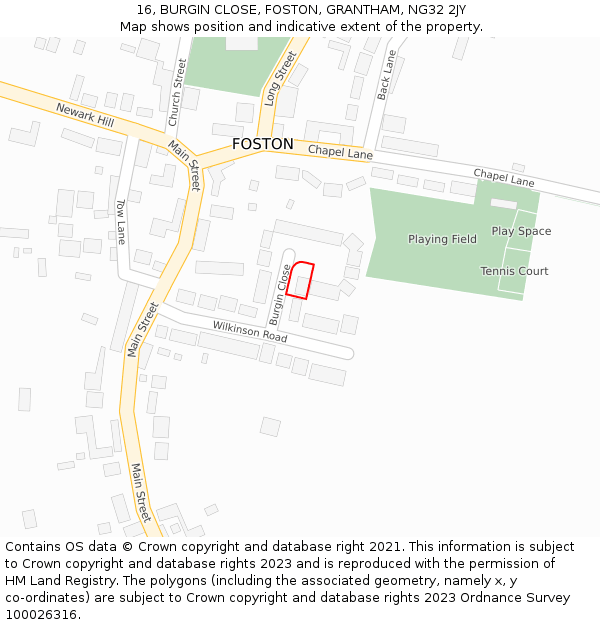 16, BURGIN CLOSE, FOSTON, GRANTHAM, NG32 2JY: Location map and indicative extent of plot