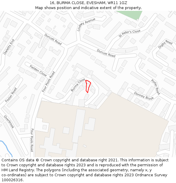 16, BURMA CLOSE, EVESHAM, WR11 1GZ: Location map and indicative extent of plot