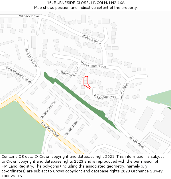 16, BURNESIDE CLOSE, LINCOLN, LN2 4XA: Location map and indicative extent of plot