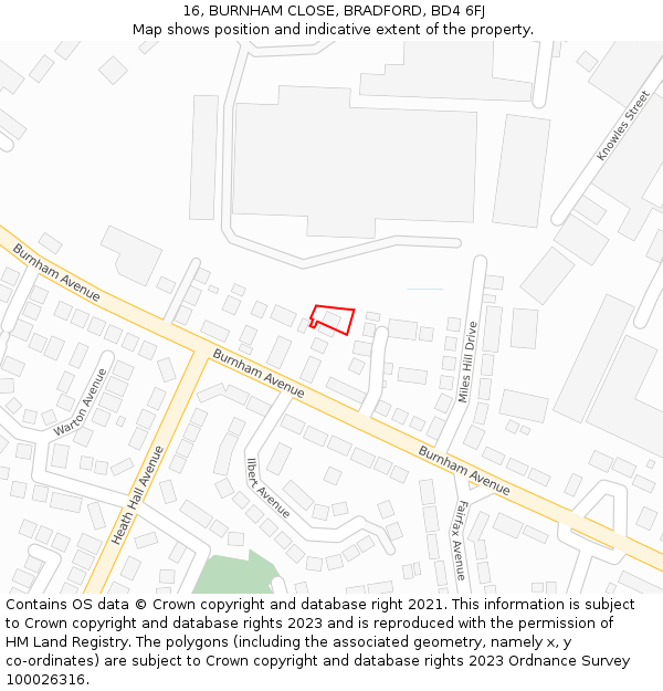 16, BURNHAM CLOSE, BRADFORD, BD4 6FJ: Location map and indicative extent of plot