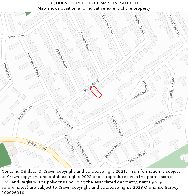 16, BURNS ROAD, SOUTHAMPTON, SO19 6QL: Location map and indicative extent of plot