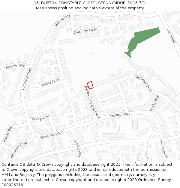 16, BURTON CONSTABLE CLOSE, SPENNYMOOR, DL16 7GH: Location map and indicative extent of plot