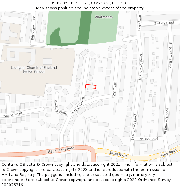 16, BURY CRESCENT, GOSPORT, PO12 3TZ: Location map and indicative extent of plot