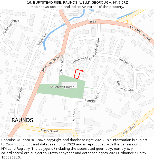 16, BURYSTEAD RISE, RAUNDS, WELLINGBOROUGH, NN9 6RZ: Location map and indicative extent of plot