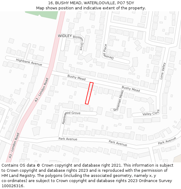 16, BUSHY MEAD, WATERLOOVILLE, PO7 5DY: Location map and indicative extent of plot