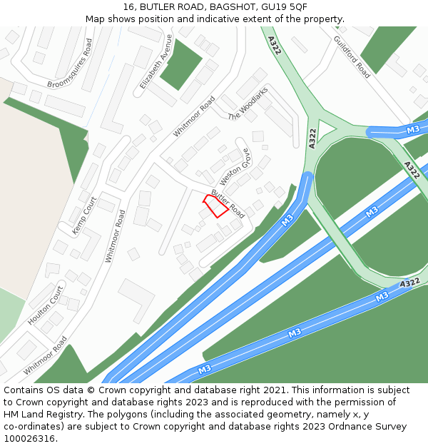 16, BUTLER ROAD, BAGSHOT, GU19 5QF: Location map and indicative extent of plot