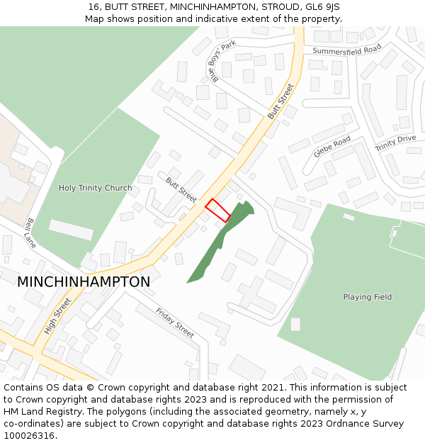 16, BUTT STREET, MINCHINHAMPTON, STROUD, GL6 9JS: Location map and indicative extent of plot