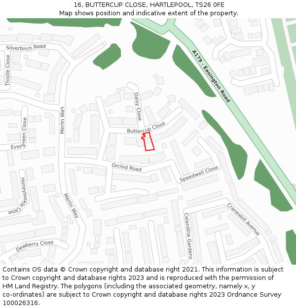 16, BUTTERCUP CLOSE, HARTLEPOOL, TS26 0FE: Location map and indicative extent of plot