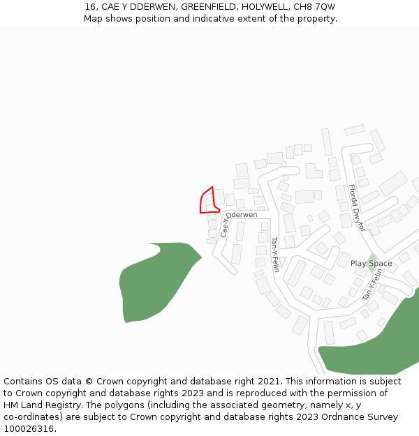 16, CAE Y DDERWEN, GREENFIELD, HOLYWELL, CH8 7QW: Location map and indicative extent of plot