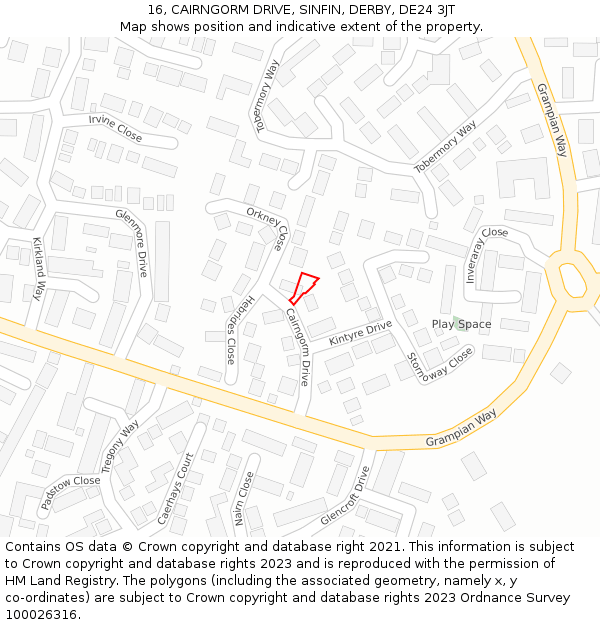 16, CAIRNGORM DRIVE, SINFIN, DERBY, DE24 3JT: Location map and indicative extent of plot