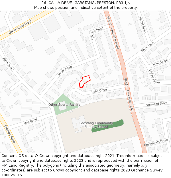 16, CALLA DRIVE, GARSTANG, PRESTON, PR3 1JN: Location map and indicative extent of plot