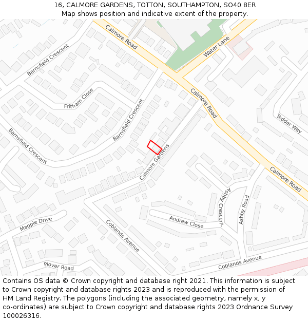 16, CALMORE GARDENS, TOTTON, SOUTHAMPTON, SO40 8ER: Location map and indicative extent of plot