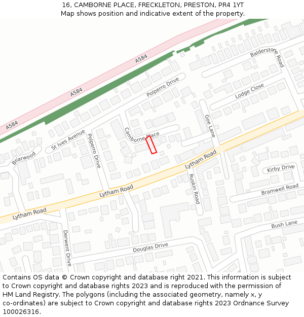 16, CAMBORNE PLACE, FRECKLETON, PRESTON, PR4 1YT: Location map and indicative extent of plot