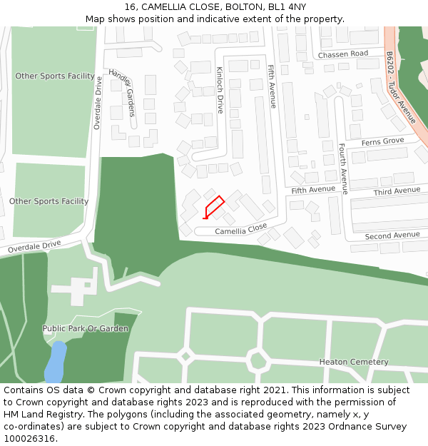 16, CAMELLIA CLOSE, BOLTON, BL1 4NY: Location map and indicative extent of plot