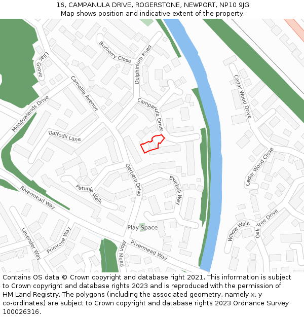 16, CAMPANULA DRIVE, ROGERSTONE, NEWPORT, NP10 9JG: Location map and indicative extent of plot
