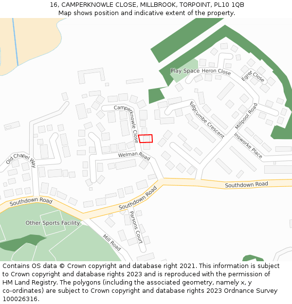 16, CAMPERKNOWLE CLOSE, MILLBROOK, TORPOINT, PL10 1QB: Location map and indicative extent of plot