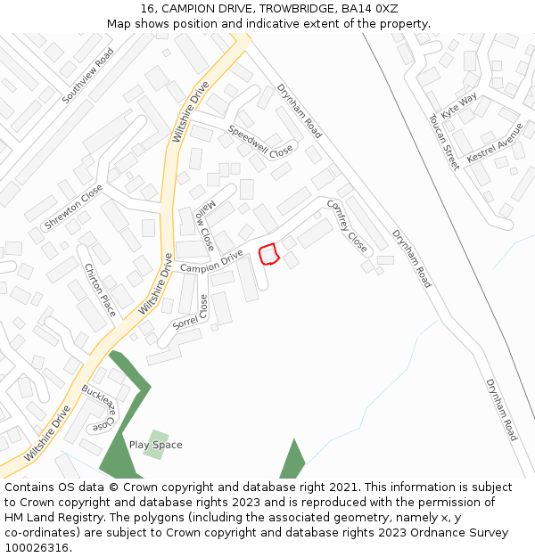 16, CAMPION DRIVE, TROWBRIDGE, BA14 0XZ: Location map and indicative extent of plot