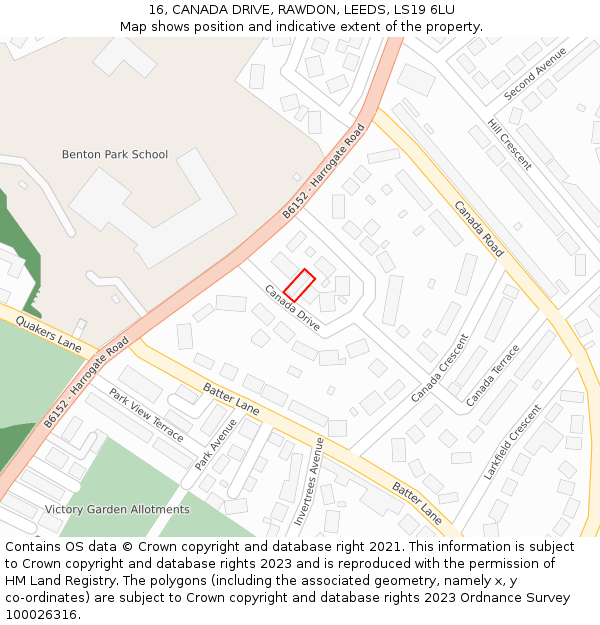 16, CANADA DRIVE, RAWDON, LEEDS, LS19 6LU: Location map and indicative extent of plot