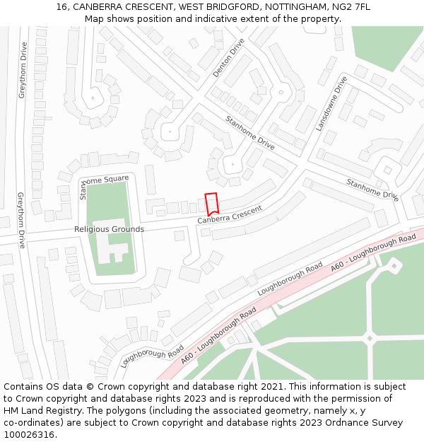 16, CANBERRA CRESCENT, WEST BRIDGFORD, NOTTINGHAM, NG2 7FL: Location map and indicative extent of plot