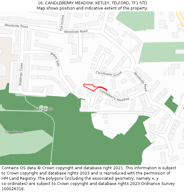 16, CANDLEBERRY MEADOW, KETLEY, TELFORD, TF1 5TD: Location map and indicative extent of plot