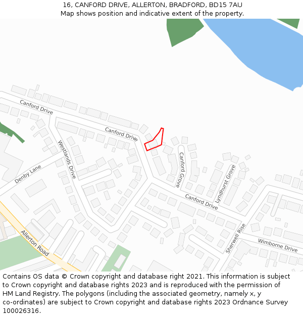 16, CANFORD DRIVE, ALLERTON, BRADFORD, BD15 7AU: Location map and indicative extent of plot