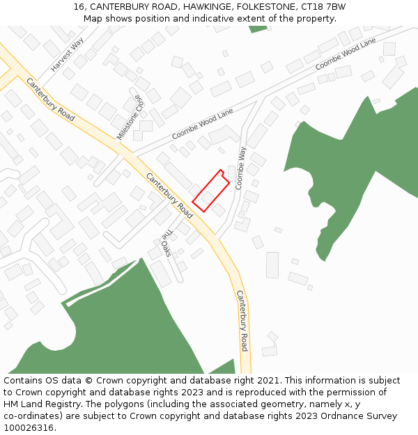 16, CANTERBURY ROAD, HAWKINGE, FOLKESTONE, CT18 7BW: Location map and indicative extent of plot