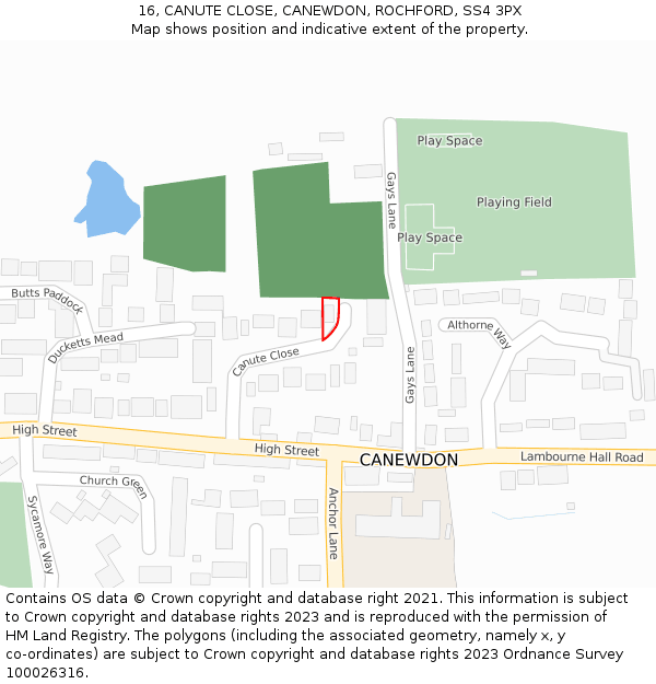 16, CANUTE CLOSE, CANEWDON, ROCHFORD, SS4 3PX: Location map and indicative extent of plot