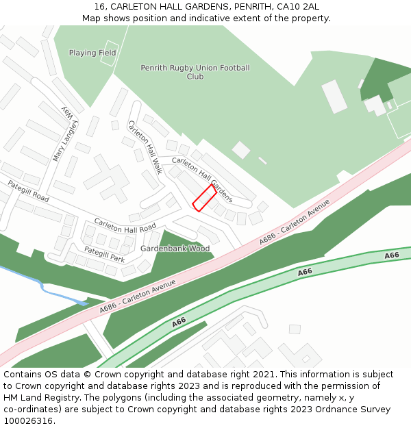 16, CARLETON HALL GARDENS, PENRITH, CA10 2AL: Location map and indicative extent of plot
