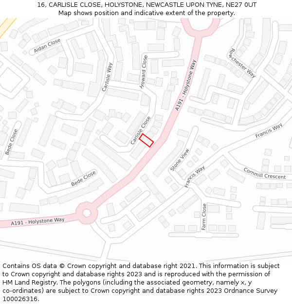 16, CARLISLE CLOSE, HOLYSTONE, NEWCASTLE UPON TYNE, NE27 0UT: Location map and indicative extent of plot
