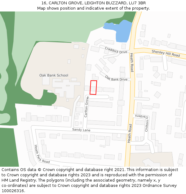 16, CARLTON GROVE, LEIGHTON BUZZARD, LU7 3BR: Location map and indicative extent of plot