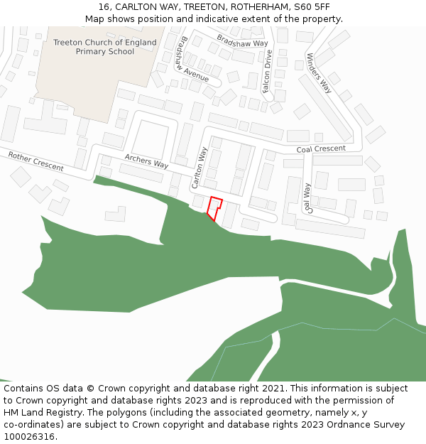 16, CARLTON WAY, TREETON, ROTHERHAM, S60 5FF: Location map and indicative extent of plot