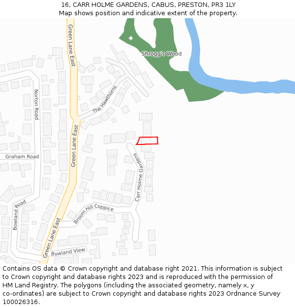 16, CARR HOLME GARDENS, CABUS, PRESTON, PR3 1LY: Location map and indicative extent of plot