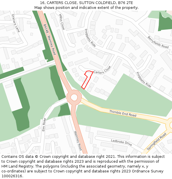 16, CARTERS CLOSE, SUTTON COLDFIELD, B76 2TE: Location map and indicative extent of plot