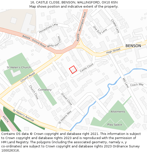 16, CASTLE CLOSE, BENSON, WALLINGFORD, OX10 6SN: Location map and indicative extent of plot