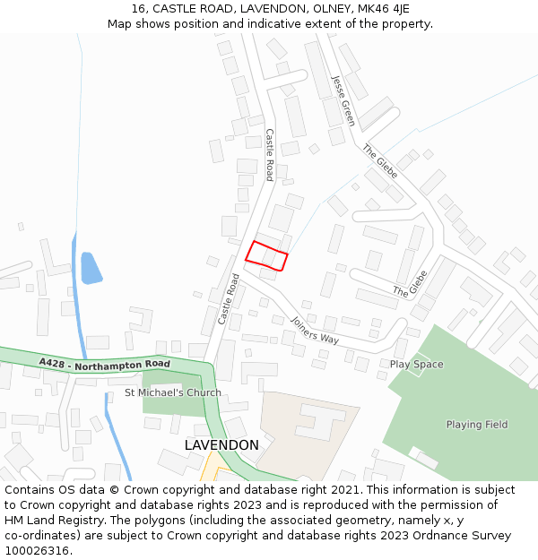 16, CASTLE ROAD, LAVENDON, OLNEY, MK46 4JE: Location map and indicative extent of plot