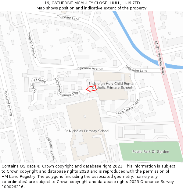 16, CATHERINE MCAULEY CLOSE, HULL, HU6 7FD: Location map and indicative extent of plot
