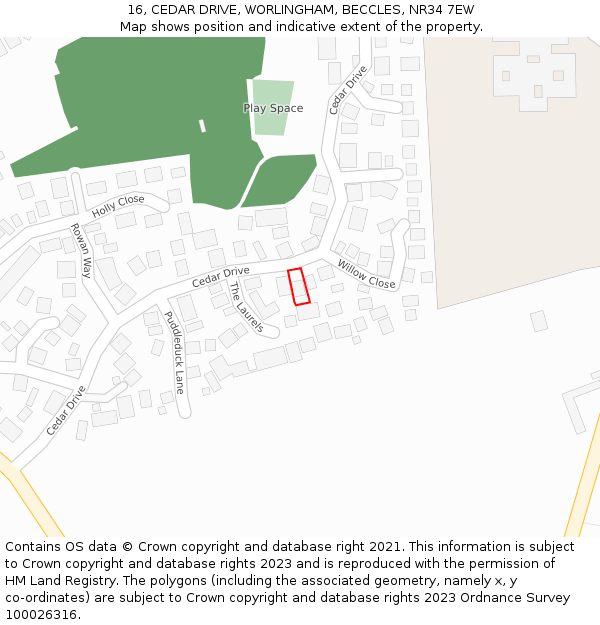 16, CEDAR DRIVE, WORLINGHAM, BECCLES, NR34 7EW: Location map and indicative extent of plot