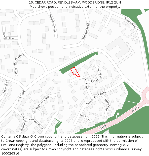 16, CEDAR ROAD, RENDLESHAM, WOODBRIDGE, IP12 2UN: Location map and indicative extent of plot